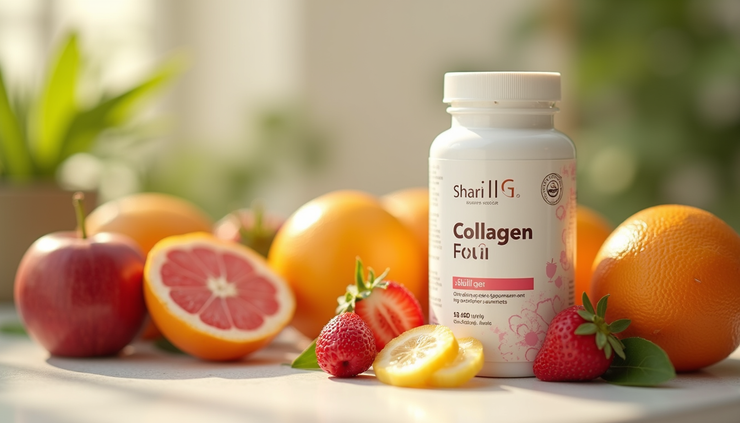 Eye-level view of a supplement bottle labeled collagen peptides next to fresh fruits