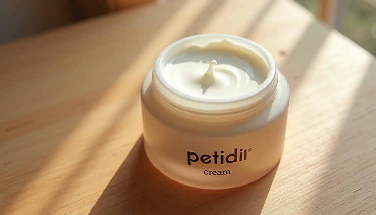 High angle view of a skincare jar with peptide cream on a wooden surface