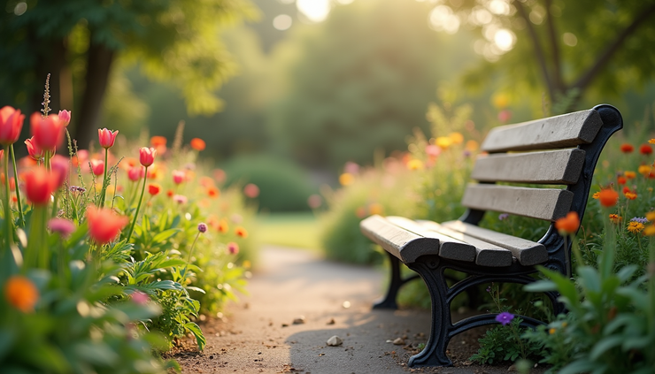 Eye-level view of a quiet garden bench surrounded by blooming flowers