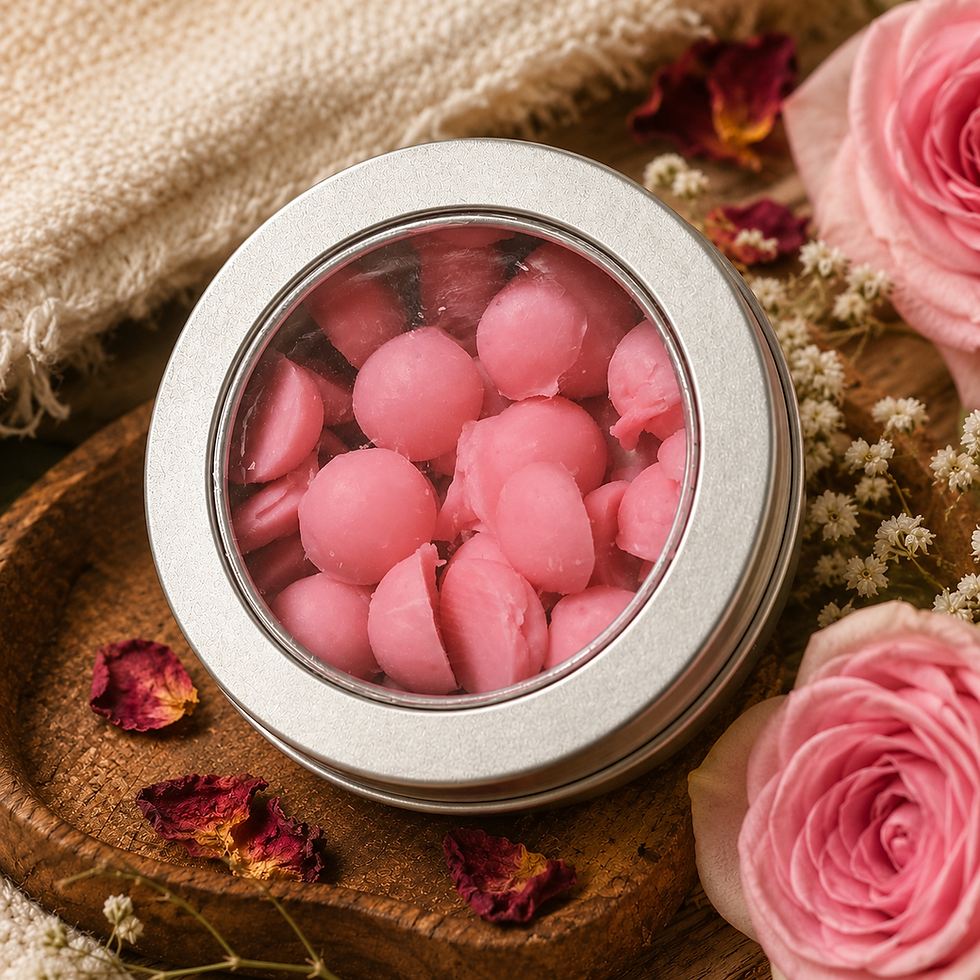Pink Mini Dots wax melts in a round metal tin