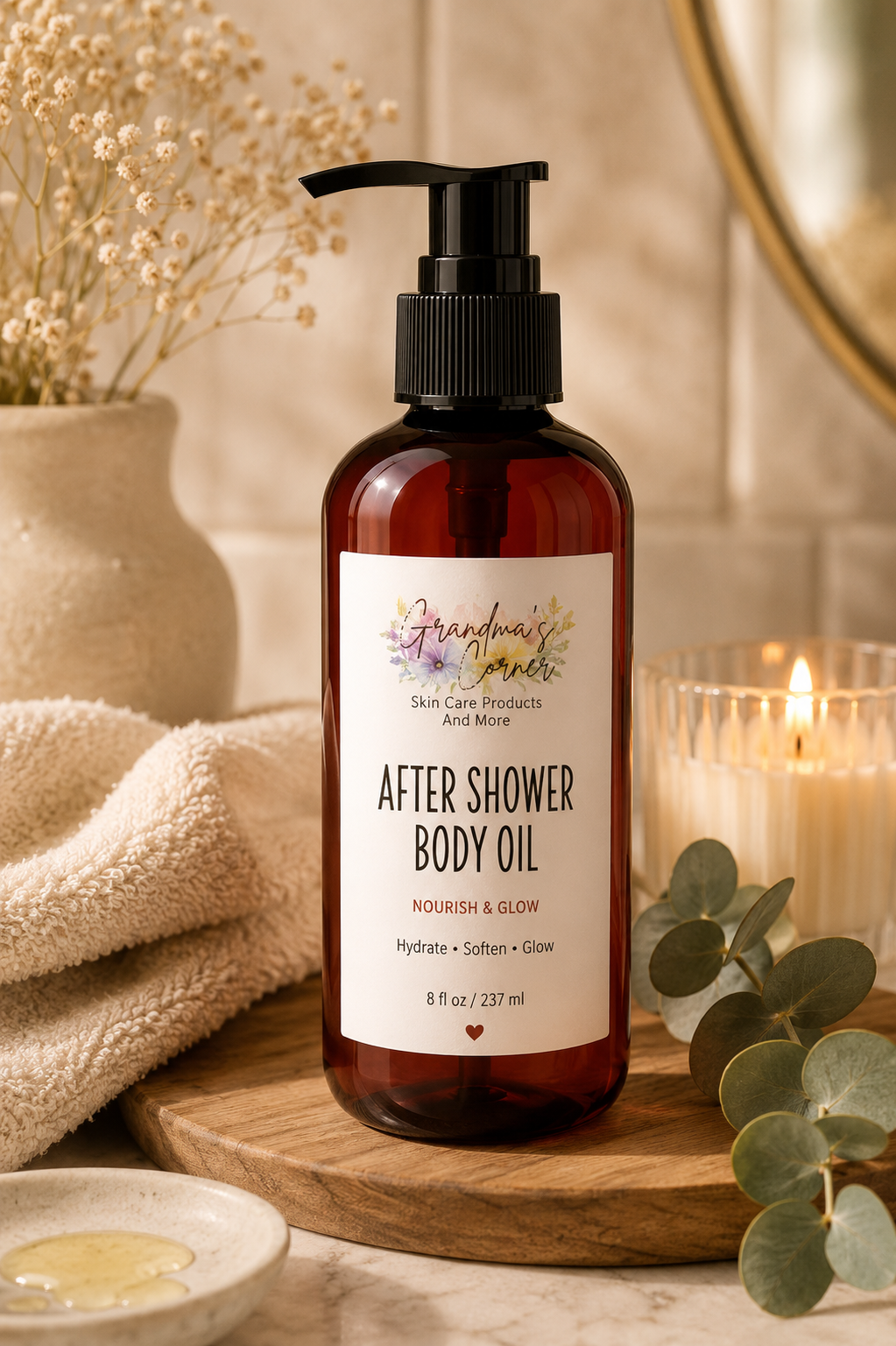 After Shower Body Oil bottle with a pump dispenser