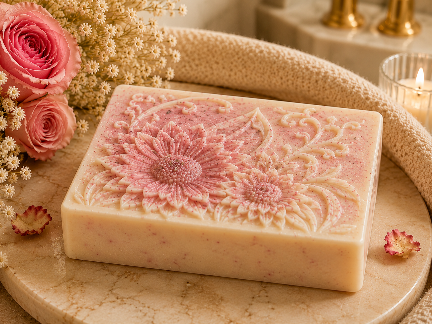 Rectangle sunflower soap bar with carved floral patterns
