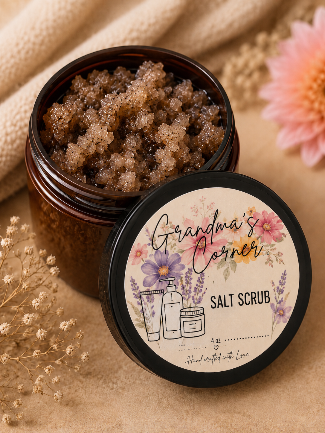 Grandma's Corner salt scrub in an open amber jar.