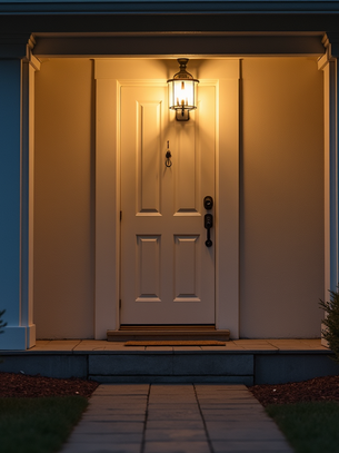 Warmly lit front door at dusk, surrounded by bushes, with a glowing lantern above. A feeling of welcome and calm is present.