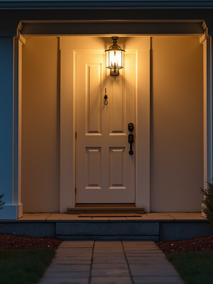 Warmly lit front door at dusk, surrounded by bushes, with a glowing lantern above. A feeling of welcome and calm is present.