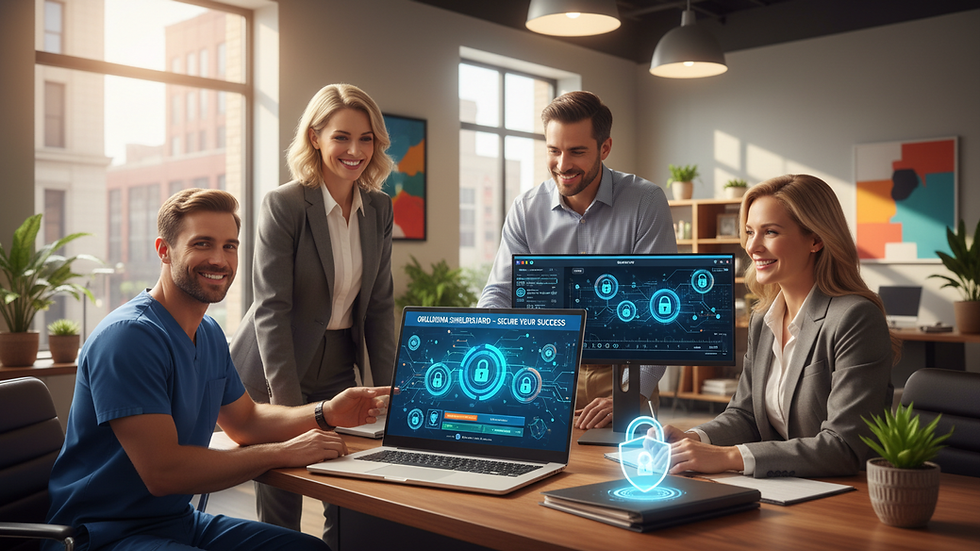 Eye-level view of a modern office workspace with cybersecurity software on a laptop