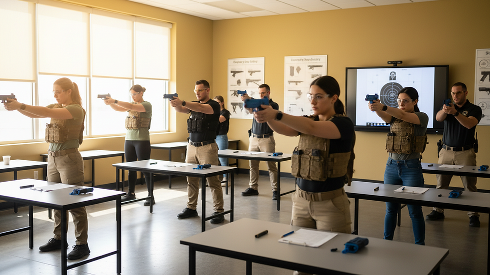 Eye-level view of a firearm safety training classroom with students practicing handling