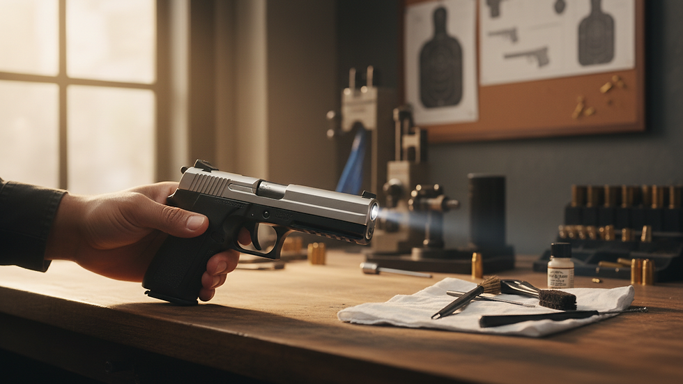 Eye-level view of a firearm chamber being inspected
