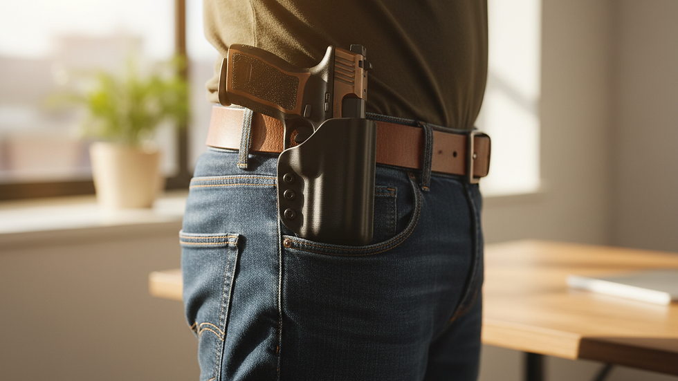 Close-up view of a concealed handgun holstered on a person’s hip