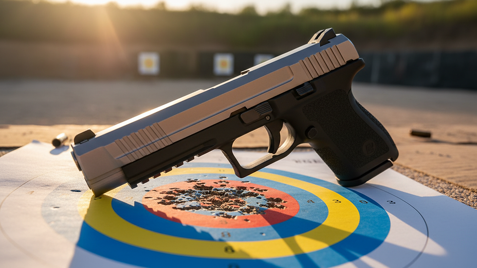 Close-up view of a handgun on a shooting range target with bullet holes