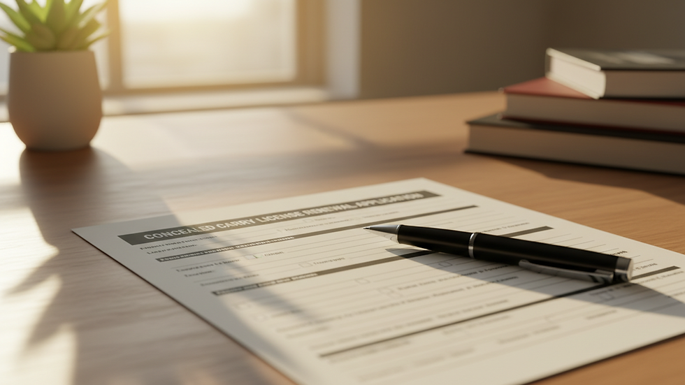 Close-up view of a concealed carry license renewal form and pen on a desk