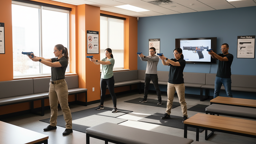 Eye-level view of a firearm training classroom with students practicing safety