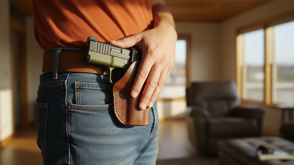 Close-up view of a semi-automatic handgun holstered inside a waistband