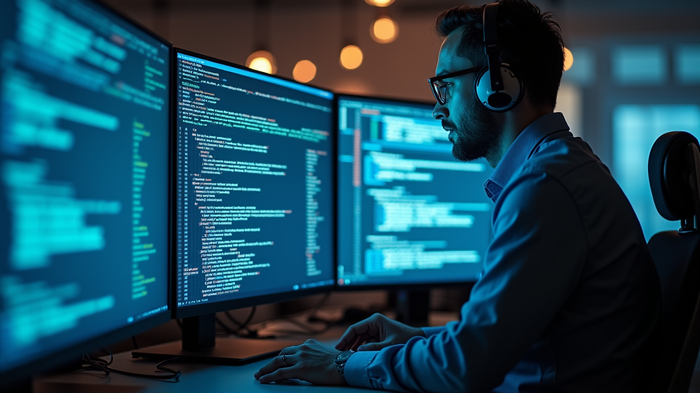 Eye-level view of a cybersecurity expert monitoring threat alerts on multiple screens