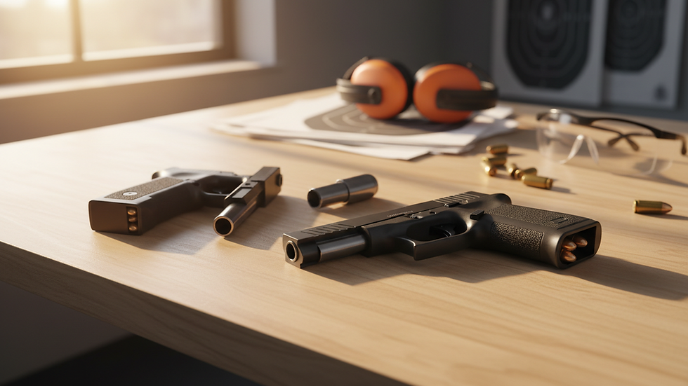 Eye-level view of a firearm laid out on a clean training table