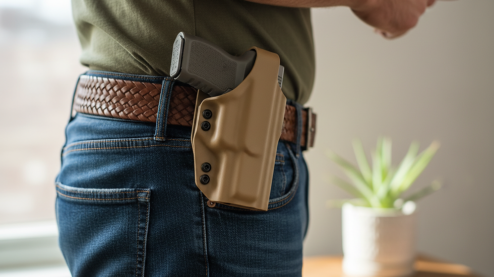 Close-up view of a concealed carry holster attached to a belt