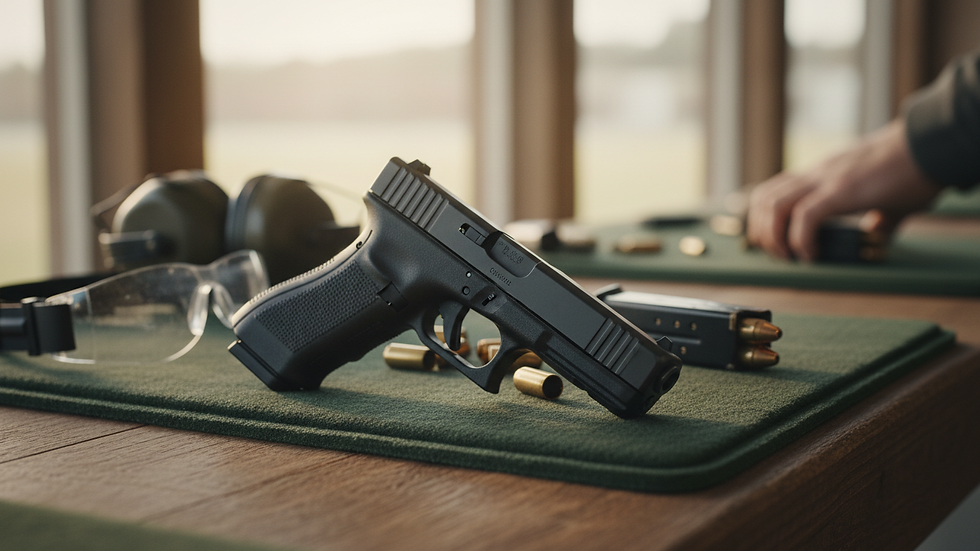 Close-up view of a handgun on a shooting bench during a training session