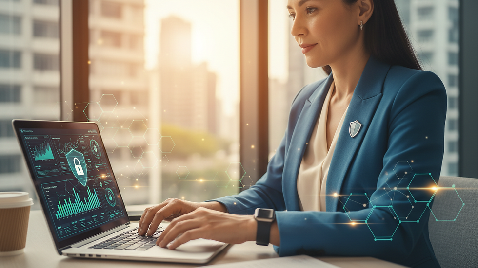 Close-up view of a business professional reviewing cybersecurity reports on a laptop
