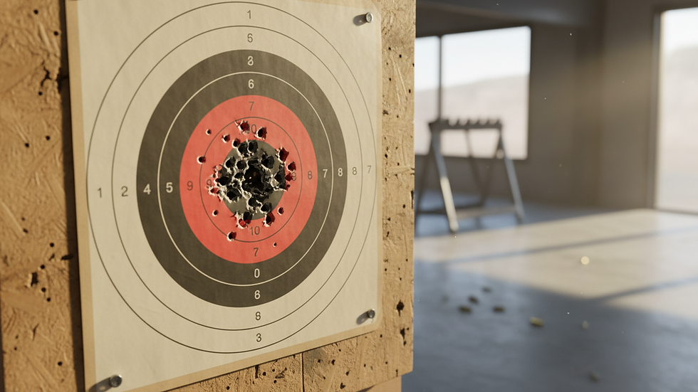 Close-up view of a shooting range target with bullet holes clustered near the center