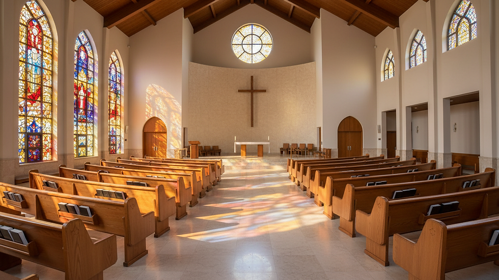 Eye-level view of church sanctuary with empty pews