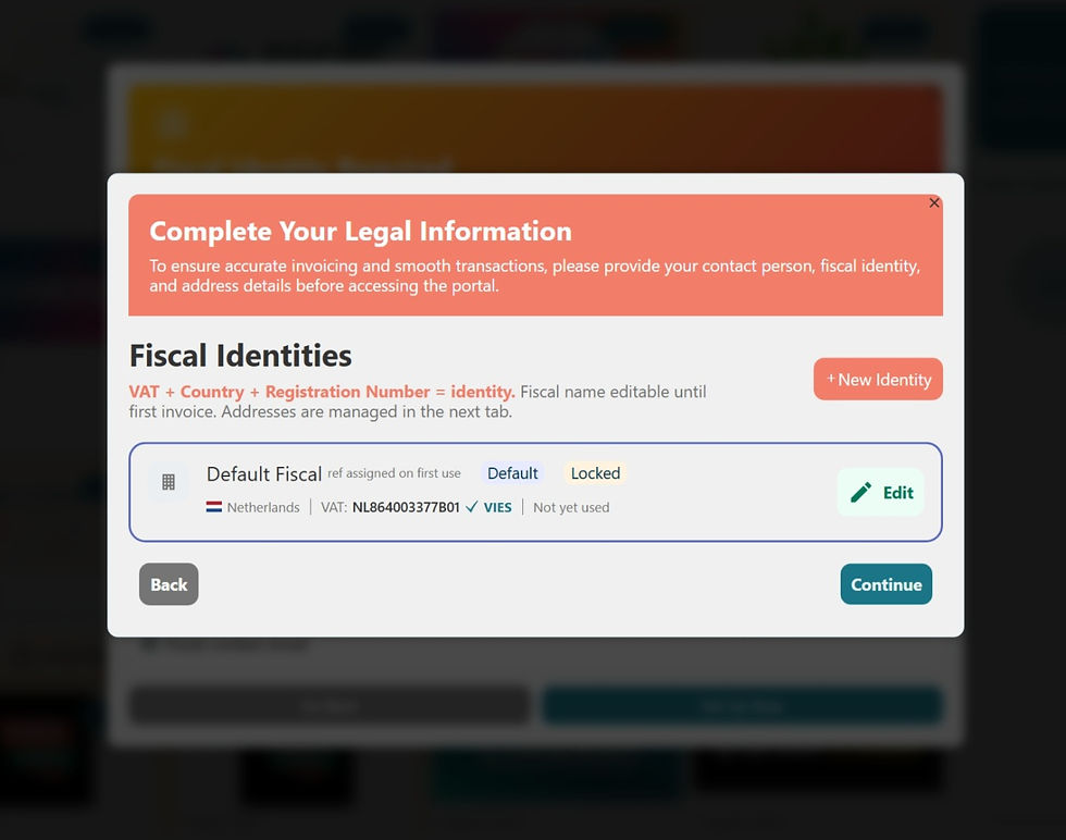 Fiscal Identities list showing the Default Fiscal Identity with a verified VAT number