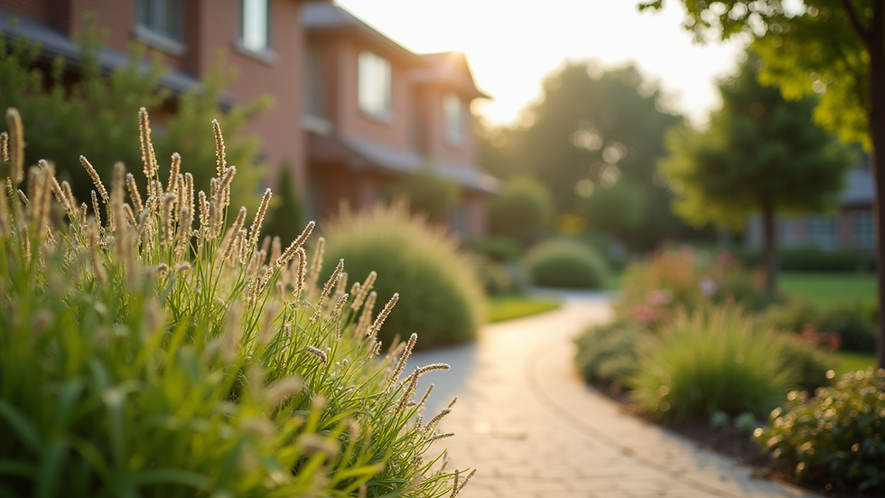 Eye-level view of a serene memory care facility garden