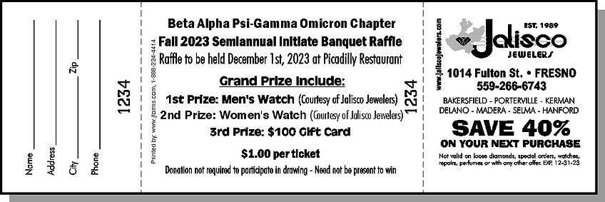 A three part raffle ticket with a discount coupon
