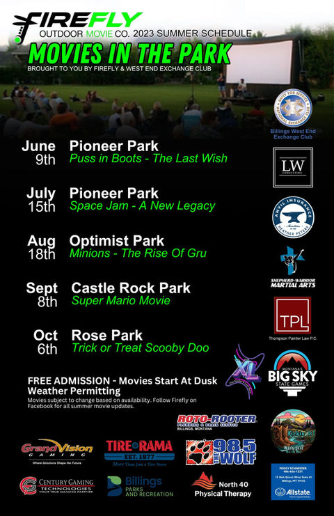 Movies in the Park poster for Billings MT 2023 with sponsors