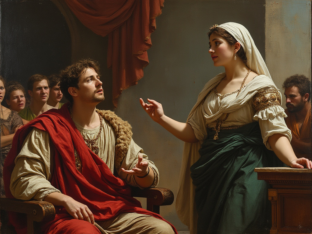 This AI generated image portrays Photina preaching to Nero