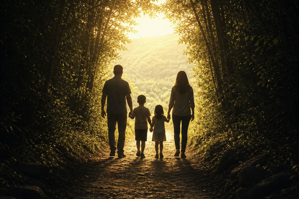 a family walking from darkness to light