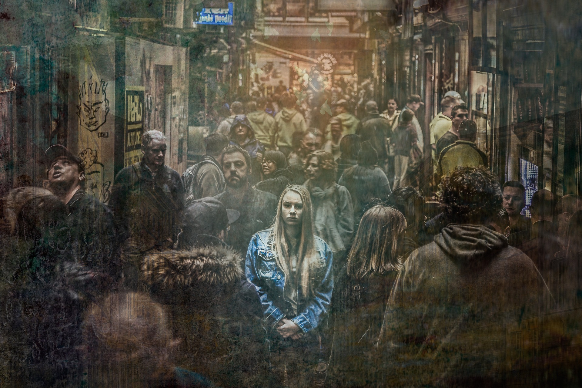 an anxious woman stands alone in a crowd