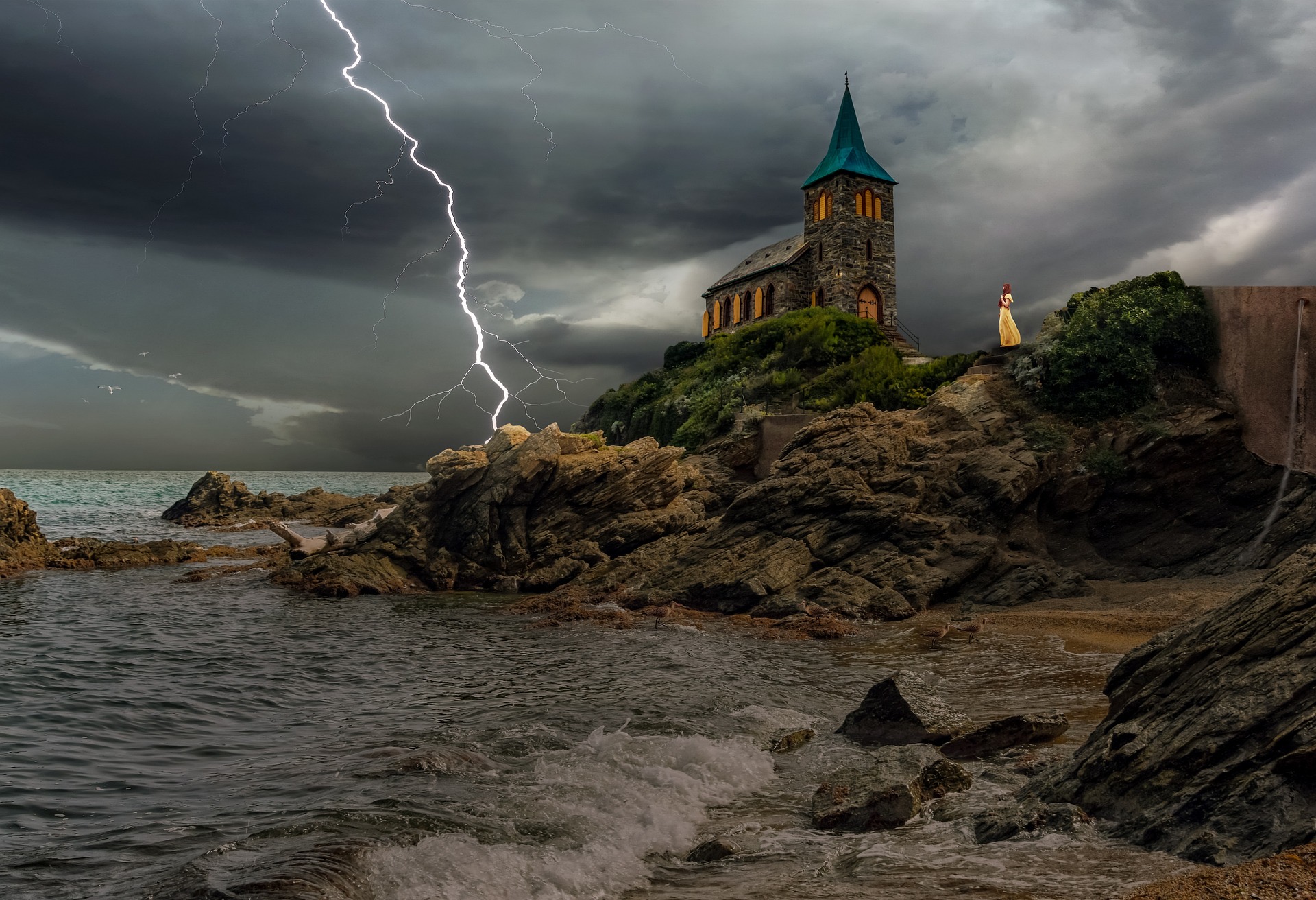 lightning strike and dark skies with a church in the background