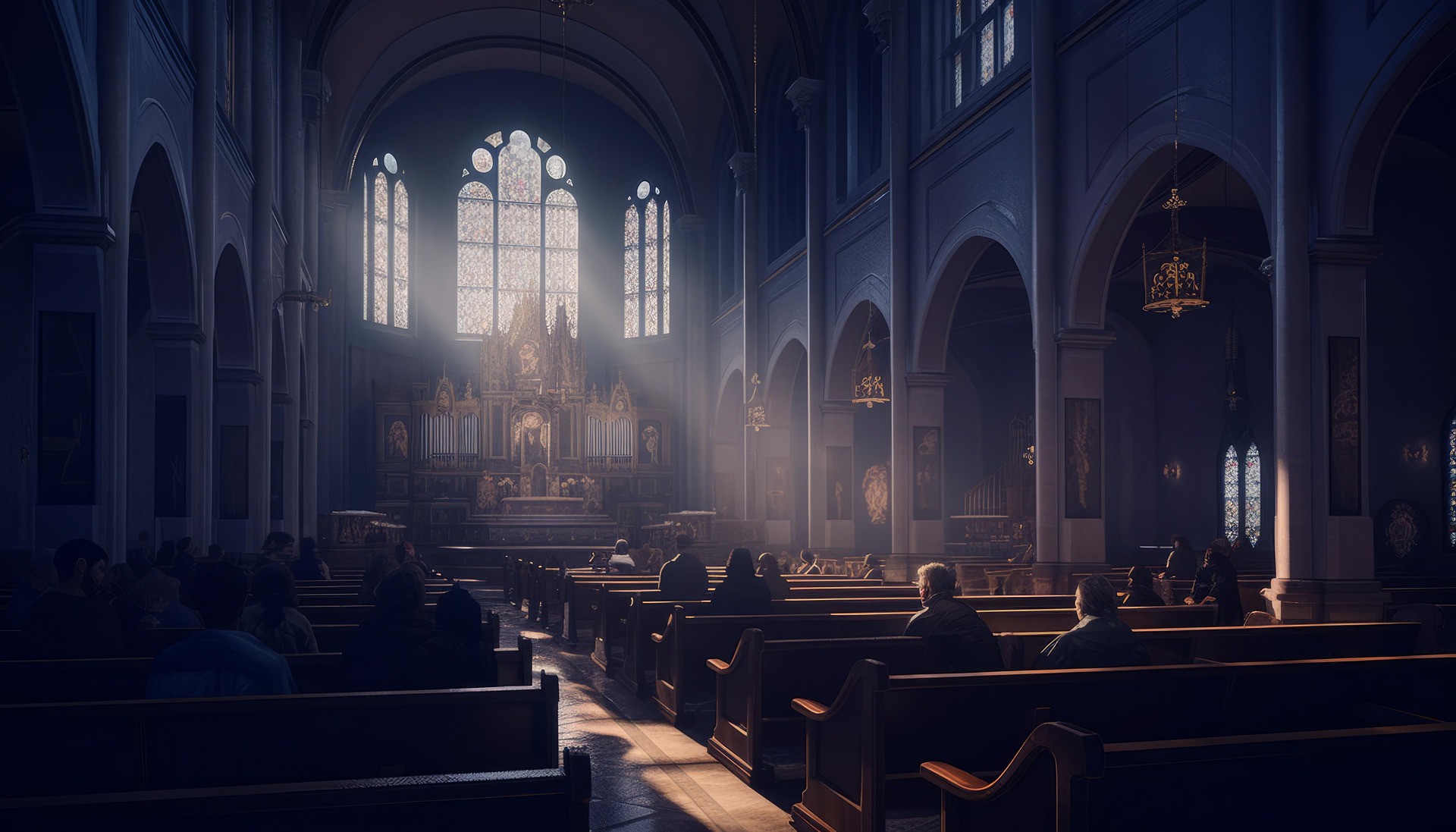 People sit quietly in a dimly lit church, with sunlight streaming through stained glass windows, illuminating the ornate altar in the background.