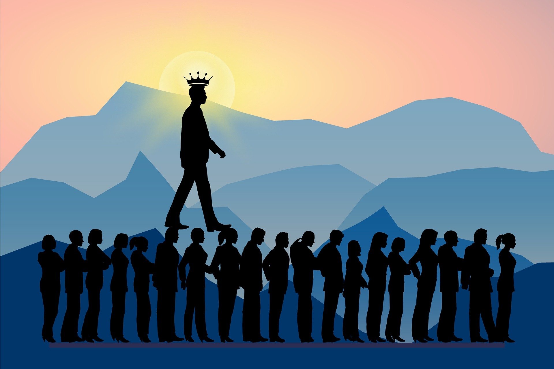image of a man walking on the heads of a group of men and women