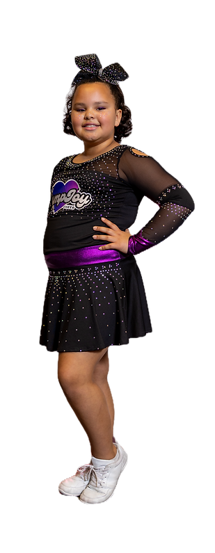 Young girl in black cheerleading uniform