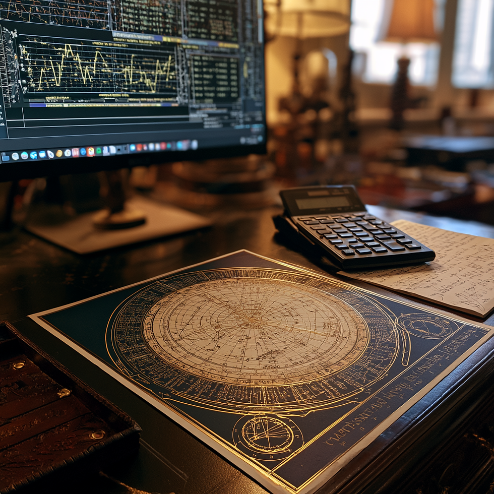 A natal chart wheel and a calculator beside a handwritten frequency calculation, representing the process of converting planetary positions to personal Hz values