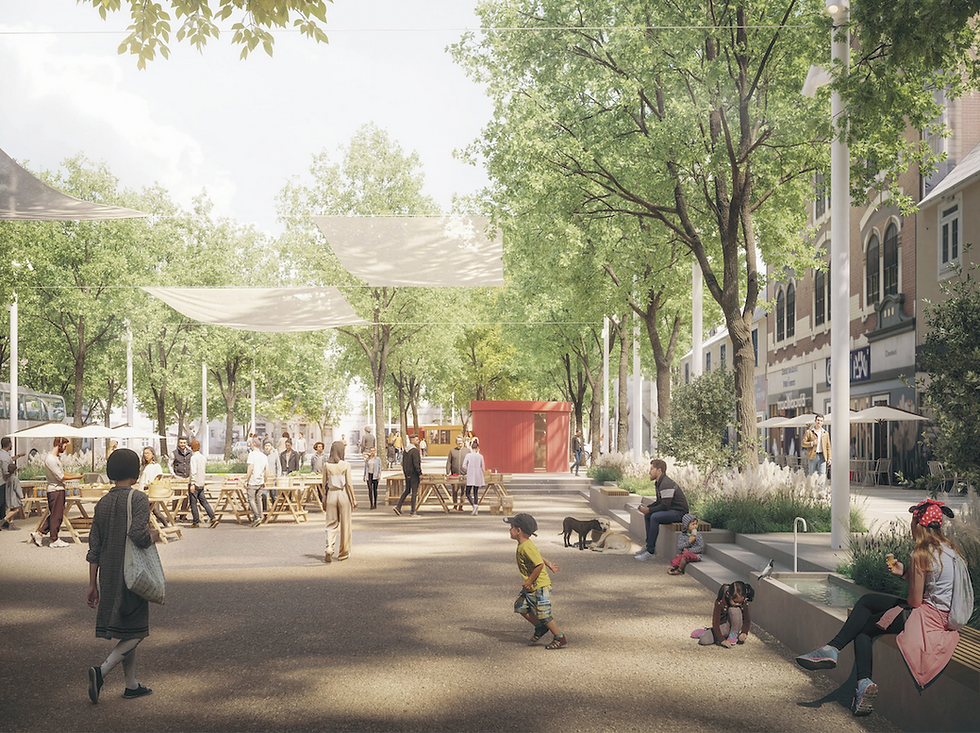 Entwurf für den Griesplatz Graz: klimaresiliente Stadtentwicklung mit Begrünung, Schwammstadt-Prinzipien, Aufenthaltsqualität und nachhaltiger Mobilität.