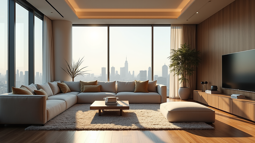 Eye-level view of spacious penthouse living room with floor-to-ceiling windows