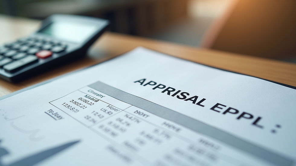 Close-up view of luxury home appraisal report and calculator