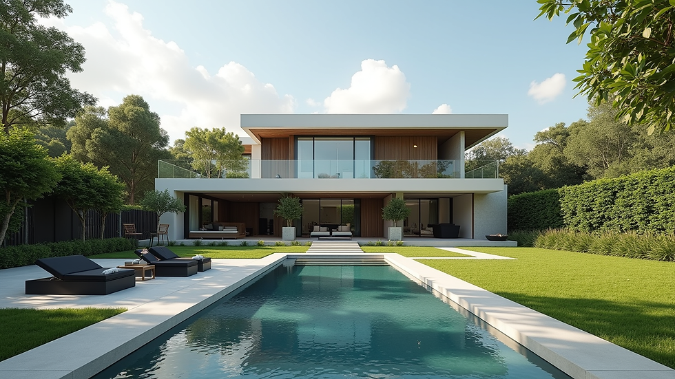 Eye-level view of a modern luxury villa with landscaped garden