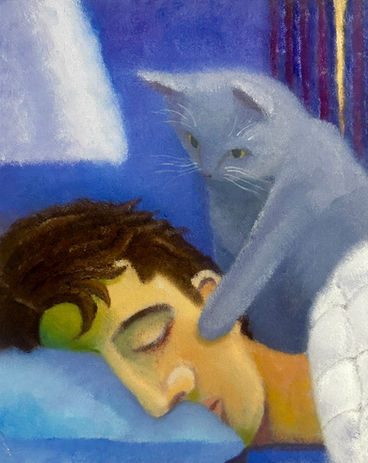 A man sleeps in bed while a cat sweetly but with determination places her paw on his face to wake him up. The room is rendered in blues. orginal art, art for sale, contemporary painting, oil paining, new york artists, cat art, pet art