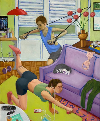 A vibrant, figurative oil painting of a man and a woman exercising in a compact New York apartment. The subjects are painted with surreal, exaggerated proportions to illustrate their inner psychological state. In the background, a cat sleeps peacefully on a sofa. The scene captures the balanced tension of pandemic-era home life with bold colors and hidden "Easter egg" details.

Steve Danielson, Fitter Happier More Productive painting, home workout art, pandemic inspired art, contemporary figurative realism, New York apartment painting, psychological surrealism, oil on canvas, domestic interior art.
