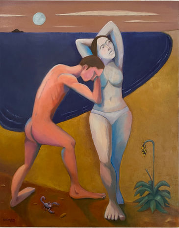 Original figurative oil painting titled "Elegy" by Steve Danielson, evoking a poetic and Romantic atmosphere. Under a pale full moon and hazy horizon, two stylized figures share a moment of quiet grief or longing on a desolate beach. A leaning man rests his head against a luminous woman in a white bikini, creating a somber, statuesque silhouette. The composition is grounded by a lone, drooping yellow flower and a small scorpion in the foreground, blending contemporary domesticity with re-imagined mythological allegory.

Romantic contemporary art, poetic figurative painting, melancholic beach scene, allegorical oil painting, moody moonlit landscape, emotive fine art. Steve Danielson original painting, figurative art for sale, collectible New York artist, original canvas for purchase, modern mythic art.
