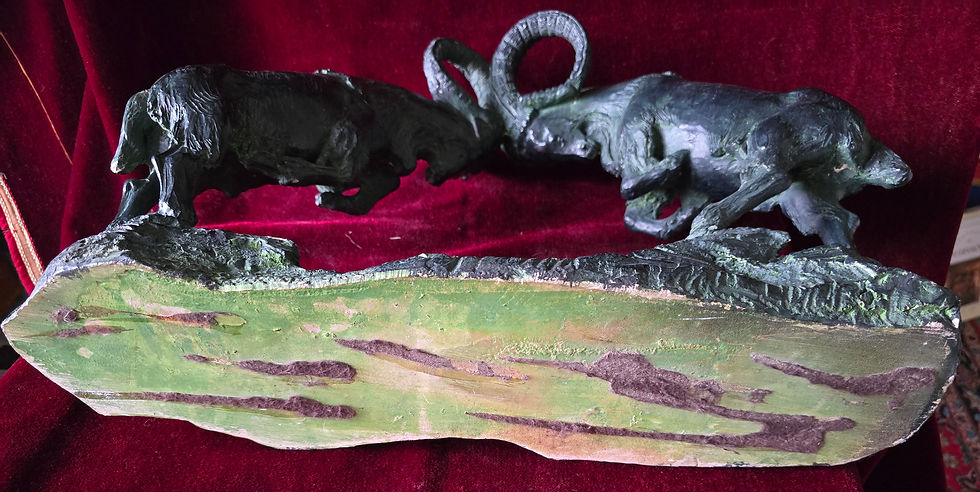 Miniaturbild: Widder im Kampf Große Skulptur grün patinierte Keramikmasse 1981 Rodin 11,35 kg