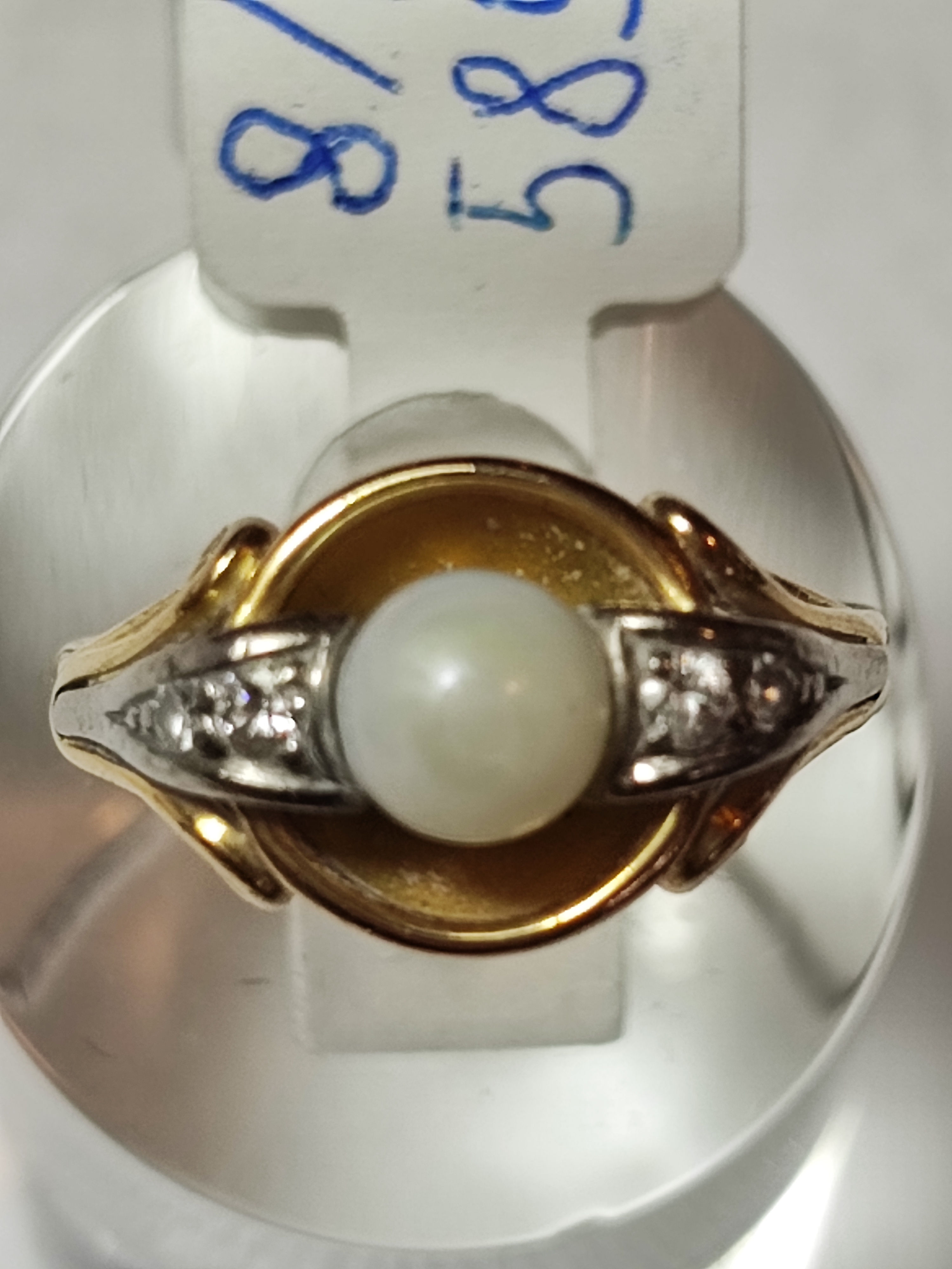 Damenring GG/WG 585, Zuchtperl. 2 Brill, 2 Dia. RG 53, 3,4 Gr.