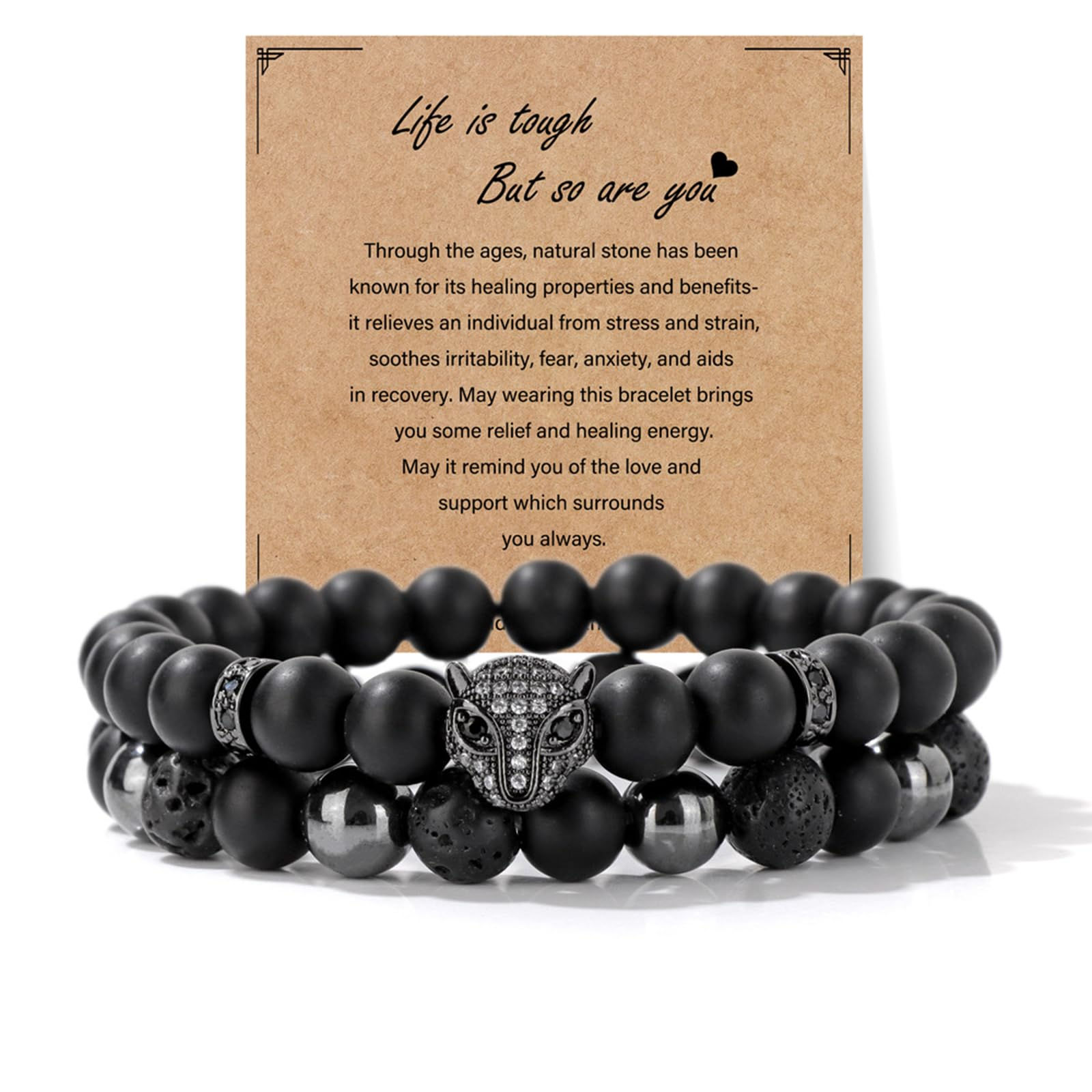 8mm Black Obsidian Onyx Hematite Lava Volcanic Stone Bracelet Leopard Head Brace
