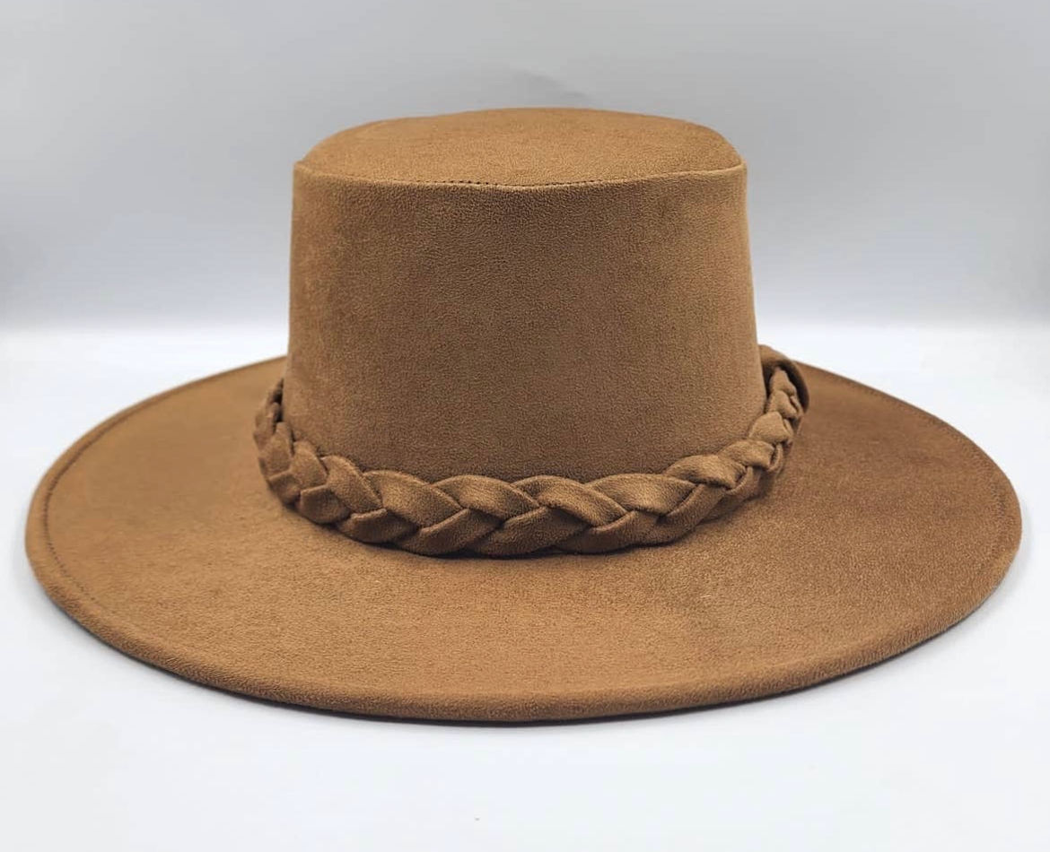 Vegan Suede Caramel Flat Top Fedora 