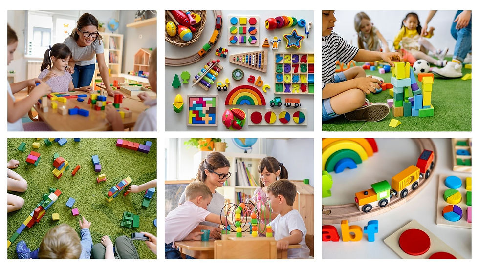 Teacher playing with kids. Kids playing with toys. Playing