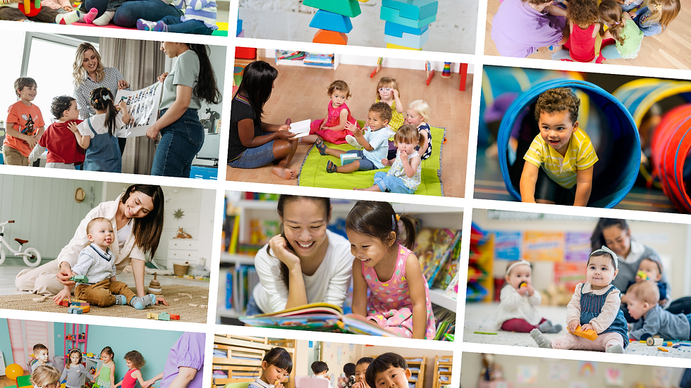 Children engaged in various activities: reading, playing with toys, crawling through tunnels. Bright colors, lively classroom settings.