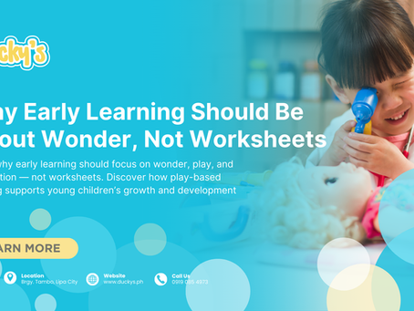 Child in a lab coat playfully uses a toy stethoscope on a doll. Text reads "Why Early Learning Should Be About Wonder, Not Worksheets" on a blue background.